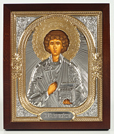 Икона в киоте 18х24 фигурный №2 темпера, без подрамника, риза, никель, золочен Пантелеимон