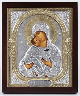 Икона в киоте 18х24 фигурный №2 темпера, без подрамника, риза объёмная №1 Владимирская БМ