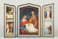 Складни деревянные 19х28 трёхстворчатые, двойное тиснение, фигурные, в упаковке Рождество Христово