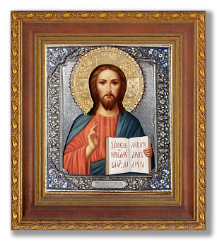 Икона живописная Спасителя 24х30 масло, риза №24, черненое серебрение, эмаль, киот №22 Икона живописная Спасителя 24х30 масло, риза №24, черненое серебрение, эмаль, киот №22