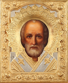 Икона живописная святителя Николая Чудотворца 30х40, масло, риза №240, золочение Икона живописная святителя Николая Чудотворца 30х40, масло, риза №240, золочение