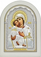 Православная икона из дерева с серябром "Богородица Владимирская"