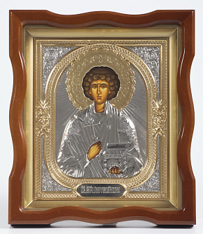 Икона в киоте 18х24 фигурный №4 темпера, риза объёмная, никель, золочение Пантелеимон
