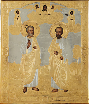 Икона живописная апостола Петра, апостола Павла 24х30, масло, риза №235, золочение Икона живописная апостола Петра, апостола Павла 24х30, масло, риза №235, золочение