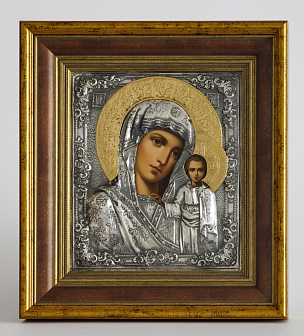 Икона живописная в киоте 24х30 масло, риза № 17, черненое серебрение, киот №22 Казанская БМ