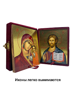 Венчальные иконы Спаситель и Казанская с золочением УЛ 9х10,5 в бархатном складне