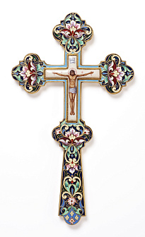 Крест напрестольный №6 сложный малый финифть, филигрань, эмаль, роспись, хим.гравировка / золочение