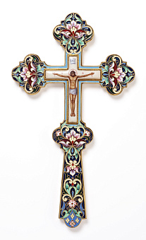 Крест напрестольный №6 сложный малый финифть, филигрань, эмаль, роспись, хим.гравировка / золочение