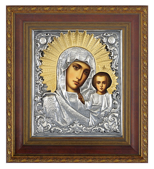 Икона живописная в киоте 24х30 масло, риза №251, черненое серебрение, киот №22 Казанская БМ