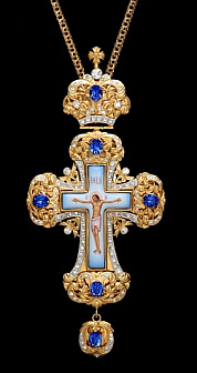 Наперсный крест золотой с ювелирными камнями и эмалью