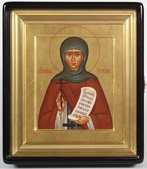 Икона живописная в киоте 24х30 масло, золоченый фон, киот №1 Евгения