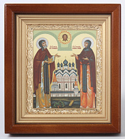 Икона в киоте 11х13 сложный, двойное тиснение, рамка золочёная Петр и Феврония 8