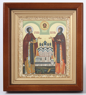 Икона в киоте 11х13 сложный, двойное тиснение, рамка золочёная Петр и Феврония 8
