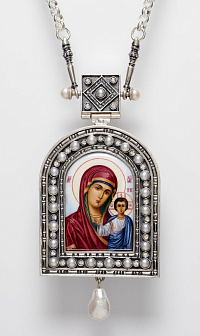 Панагия №1411 / Фианиты / серебрение / Казанская БМ