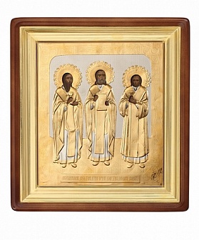 Икона Три святителя. ВАСИЛИЙ Великий, ГРИГОРИЙ Богослов и ИОАНН Златоуст (РУКОПИСНАЯ, КИОТ, РИЗА)