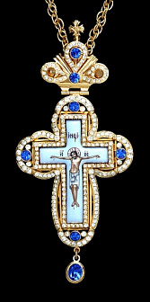 Наперсный золотой крест с ювелирными камнями эмалью и позолотой
