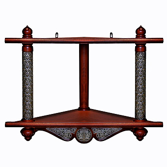 Полка для икон 2-х ярусная угловая из дерева с басмой высокая Полка для икон 2-х ярусная угловая из дерева с басмой высокая