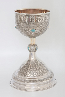 Потир 1.5л ручная гравировка с 4мя-ликами, чеканка ложек №11 серебро (УИН)