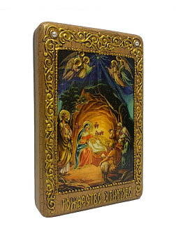 Настольная икона ''Рождество Господа Бога и Спаса нашего Иисуса Христа'' на мореном дубе