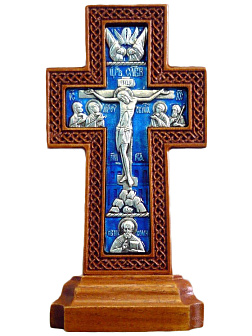 Крест на подставке малый без украшения, вставка - гальваника, серебрение (груша, яблоня) с эмалью