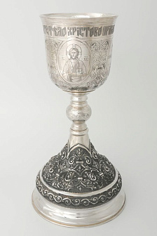 Потир 0.75л ручная гравировка с 4мя-ликами, чеканка / поддон 1, 5л потира / серебро (УИН)
