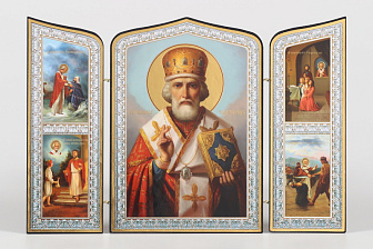 Складни деревянные 19х28 трёхстворчатые, двойное тиснение, фигурные, в упаковке Николай Чудотворец