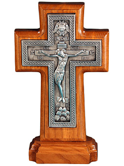 Крест гальванический на подставке,  плетенка, серебрение, ясень