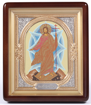 Икона в киоте 18х24 фигурный, темпера, риза-рамка объемная, открытая, золочёная, никелирование Воскресение Христово 1
