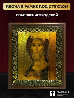 Икона Спас Звенигородский с золочением, деревянная рамка с басмой и стеклом 18х21х2,5 см 214