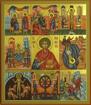 Икона ПАНТЕЛЕИМОН Целитель, Великомученик с клеймами (РУКОПИСНАЯ)