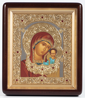 Икона в киоте 18х24 фигурный, темпера, риза объёмная, зол., никелир., с цатой