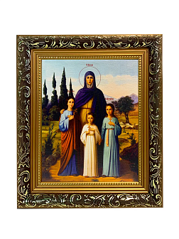 Именная икона Вера Надежда Любовь и София Римские с кипарисами на холсте в киоте 044