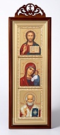 Икона Триптих в киоте 20х50 сложный с резным навершием, темпера, рамка золочёная