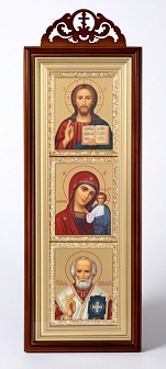 Икона Триптих в киоте 20х50 сложный с резным навершием, темпера, рамка золочёная