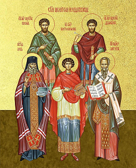 Икона собор целителей и чудотворцев с золочением, деревянная рамка со стеклом 15х18х2 см 1133