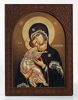 Икона на дереве 25х35 изображение арочное, ковчег с резным обрамлением, упаковка Владимирская БМ