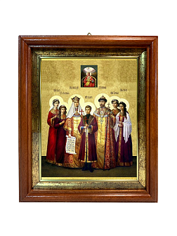 Именная икона Царская Семья на холсте в киоте 001