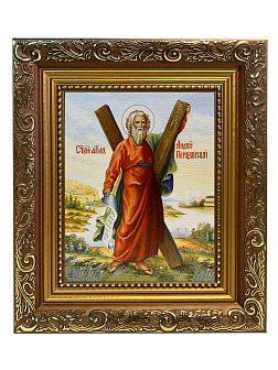 Икона Андрей Первозванный Апостол с крестом на холсте в киоте 027