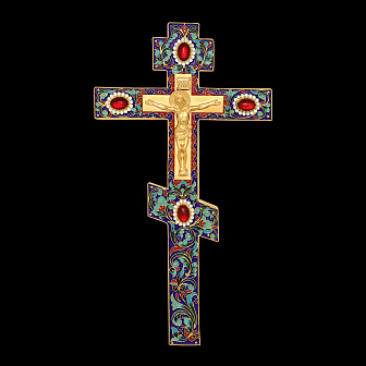 Крест напрестольный №2 филигрань, эмаль, литьевое распятие / золочение
