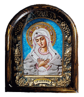 Икона Пресвятая Богородица Умиление, ткань, бисер, багет,в деревянной раме