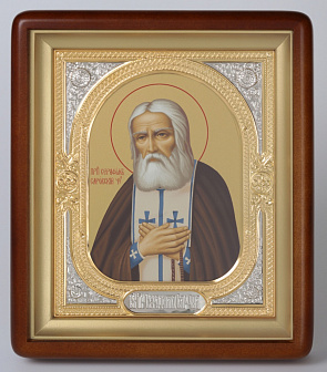 Икона в киоте 18х24 фигурный, темпера, риза-рамка объемная, открытая, золочёная, никелирование Серафим Саровский 1