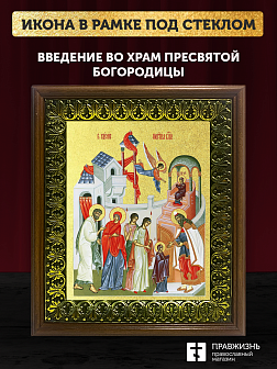 Икона Введение во храм Пресвятой Богородицы с золочением, деревянная рамка с басмой и стеклом 18х21х Икона Введение во храм Пресвятой Богородицы с золочением, деревянная рамка с басмой и стеклом 18х21х