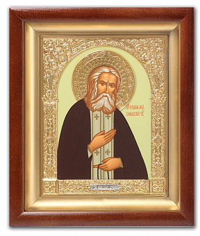 Икона в киоте 15х19 сложный, темпера, венчик, рамка фигурная, золочёная Серафим Саровский Икона в киоте 15х19 сложный, темпера, венчик, рамка фигурная, золочёная Серафим Саровский