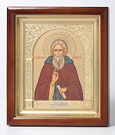 Икона в киоте 15х19 сложный, темпера, венчик, рамка фигурная, золочёная Сергий Радонежский (золотой фон)
