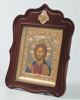 Икона в киоте 18х24 фигурный с навершием, темпера, риза объемная, золочение, никелир, без цаты Спаситель Икона в киоте 18х24 фигурный с навершием, темпера, риза объемная, золочение, никелир, без цаты Спаситель