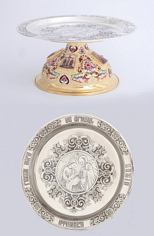 Дискос ручная гравировка / ф320мм / серебро, поддискосник медь / 3, 0л№6 потира / филигрань, эмаль, роспись, чеканка, 4-финифти / золочение / (УИН)