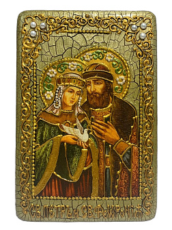 Настольная икона ''Петр и Февронья'' на мореном дубе