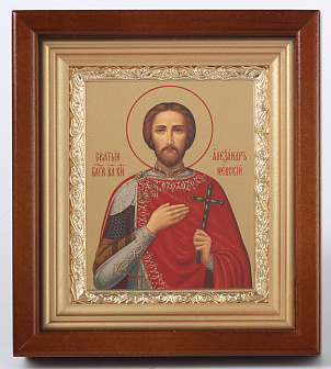 Икона в киоте 11х13 сложный, темпера, рамка золочёная Александр Невский 1