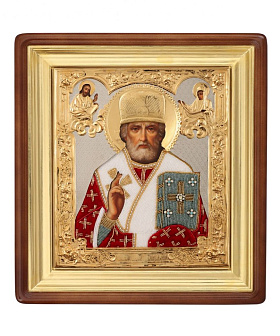 Икона живописная в киоте 24х30 масло, риза №111, жемчуг, киот №1 Николай Чудотворец Икона живописная в киоте 24х30 масло, риза №111, жемчуг, киот №1 Николай Чудотворец