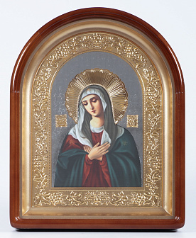 Икона в киоте 24х30 сложный, арочный, фото, риза объемная, открытая, золочение Умиление БМ